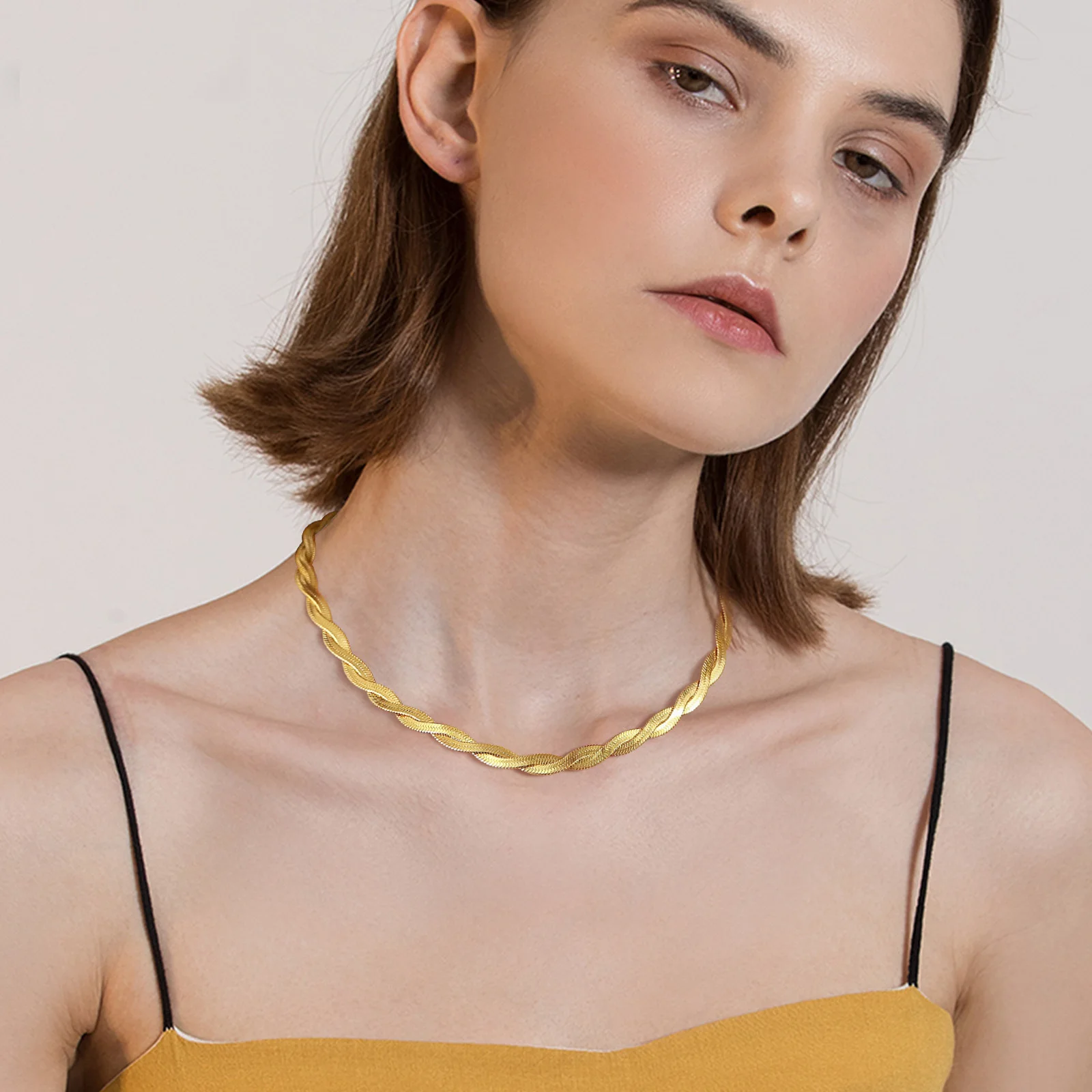 

Women Twisted 3mm Snake Chain Necklaces, Gold Tone Solid Metal Herringbone Link Chain, Chic Dainty Girls Neck Collar