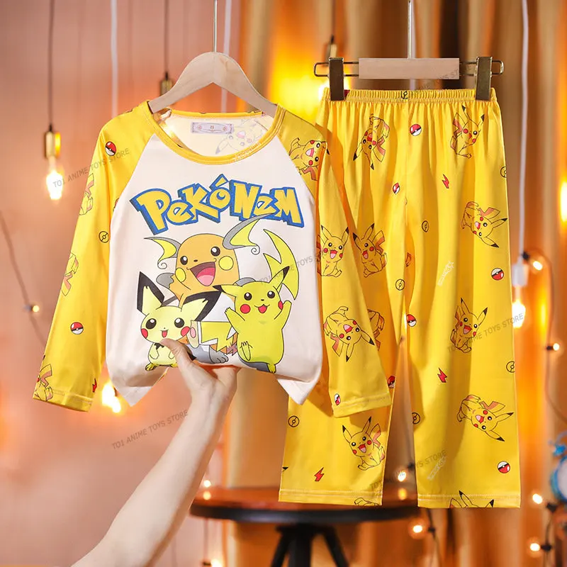 Pokemon Kids Boys Girls Cotton Pajamas Autumn Travel Casual Pajmas Anime Pikachu Sleepwear Set