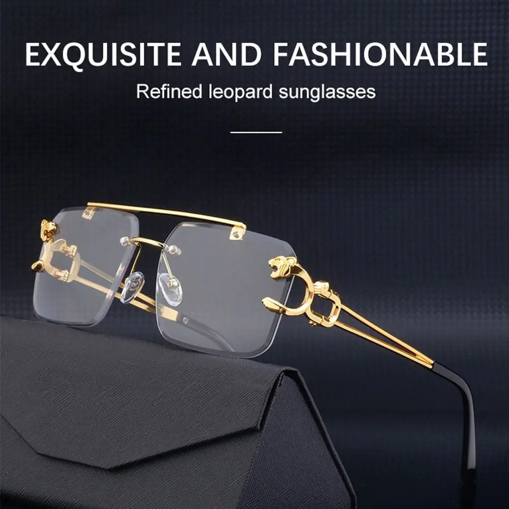 

Солнцезащитные очки без оправы UV400 для мужчин и женщин, модные ретро-очки в стиле стимпанк, с украшением в виде гепарда, без оправы