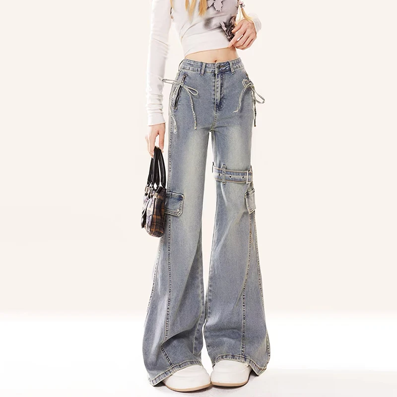 Женские брюки-карго Goblin Core Harajuku Bell Bottoms Gyaru с низкой посадкой в стиле гранж Y2k