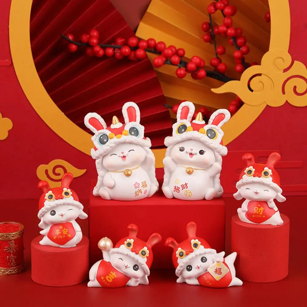 

Cute Bunny Ornament Cartoon Decorative Rabbit Figurine Realistic Chinese Style New Year Lucky Rabbit Model Decor Home Decoration