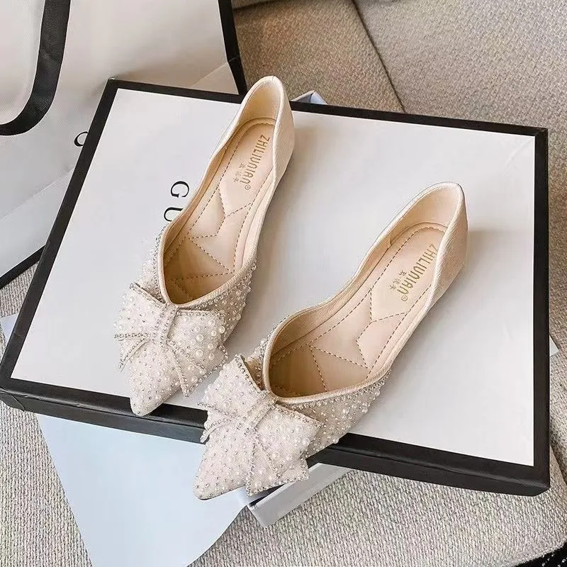 

Delicate Woman Bowknot Shoes Glitter Sequin Flats Crystal Ballerina Chaussure Femme Pointy Toe Loafers Ladies Office Dress Shoes