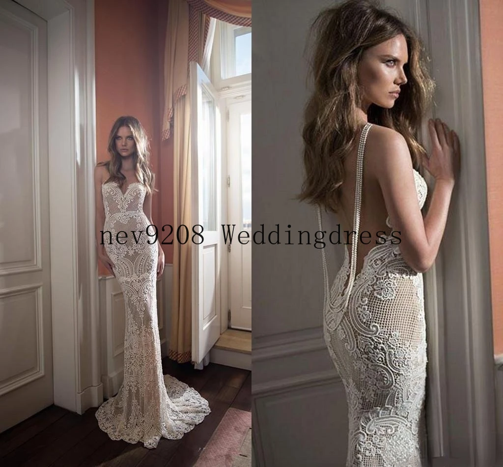 

Mermaid Lace Wedding Dresses Bridal Gowns Sheer Sweetheart Neck Backless Appliqued Sweep Train Pearls Vestidos De Noiva