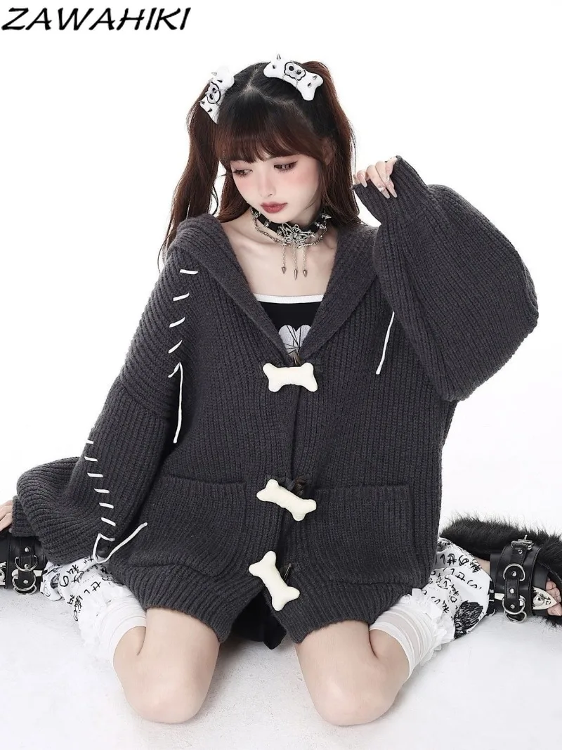 

Zawhiki Y2K эстетичный свободный однотонный Вязаный Кардиган с длинным рукавом топы Осенние Зимние толстовки с V-образным вырезом уличная одежда женский свитер