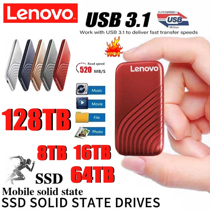 

Lenovo SSD Type-C USB 3.1 4TB 6TB 16TB 30TB SSD Portable Hard Drive External SSD M.2 for Laptop Desktop SSD Flash Memory Disk