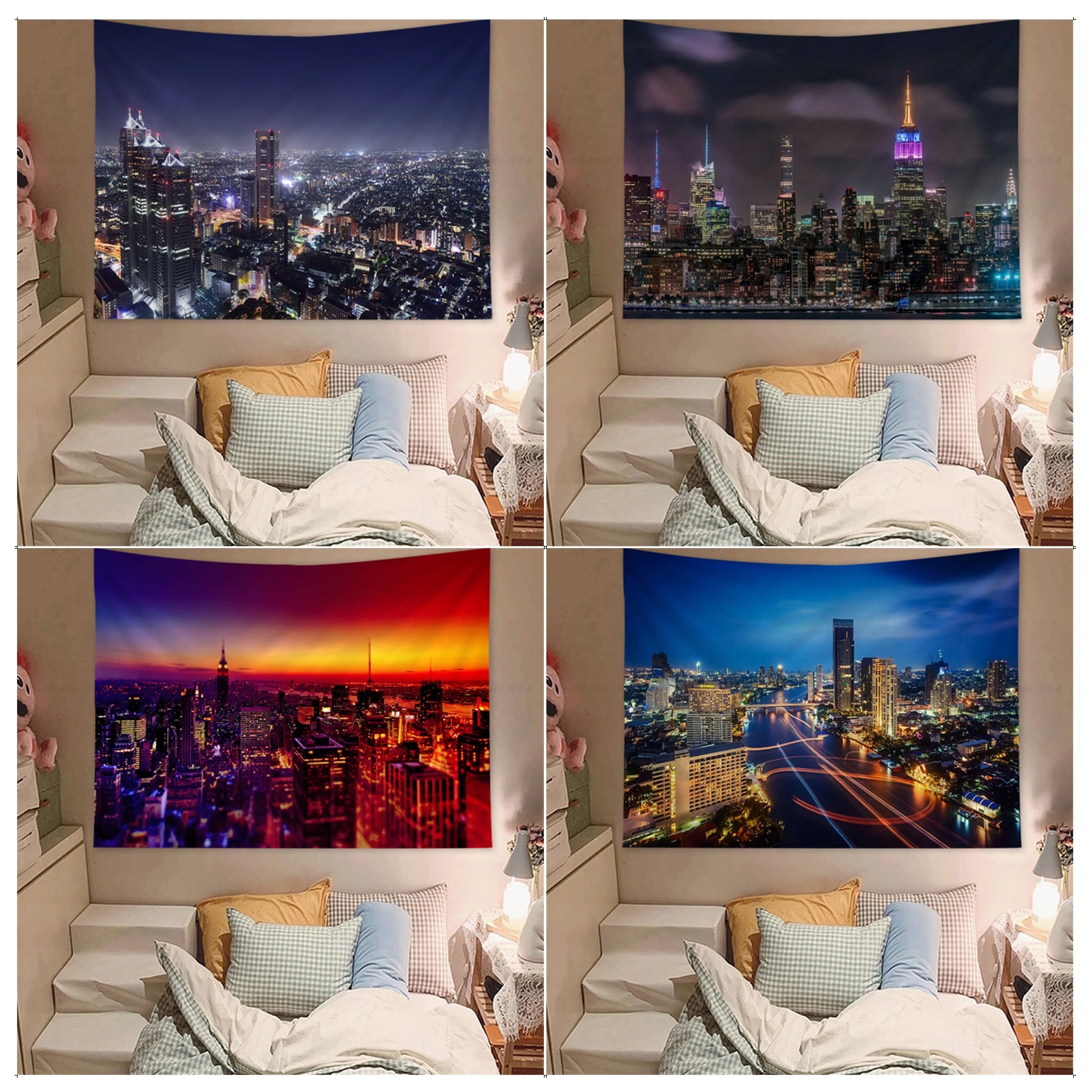 

Night View Of City Lights Colorful Tapestry Wall Hanging Japanese Wall Tapestry Anime INS Home Decor