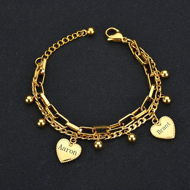 

Titanium Steel Non Layered Chain Heart Bracelet Women's Engraved Name Persoanlized Bracelet Fashion Charms Tag Pendant