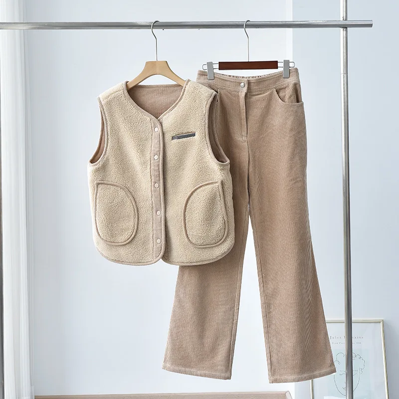 

Corduroy Vests Set Women Lamb Wool Autumn Winter Cotton Chain Straight Pants Sleeveless Jacket Two-piece High Quality Outifits