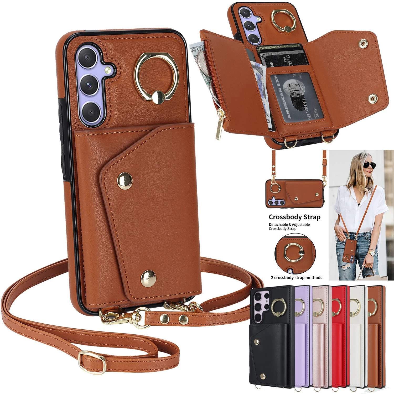 

Crossbody Zipper Leather Wallet Case For Samsung Galaxy A14 A54 A53 S23 Ultra S22 Plus S21 FE Card Solt Ring Holder Purse Cover