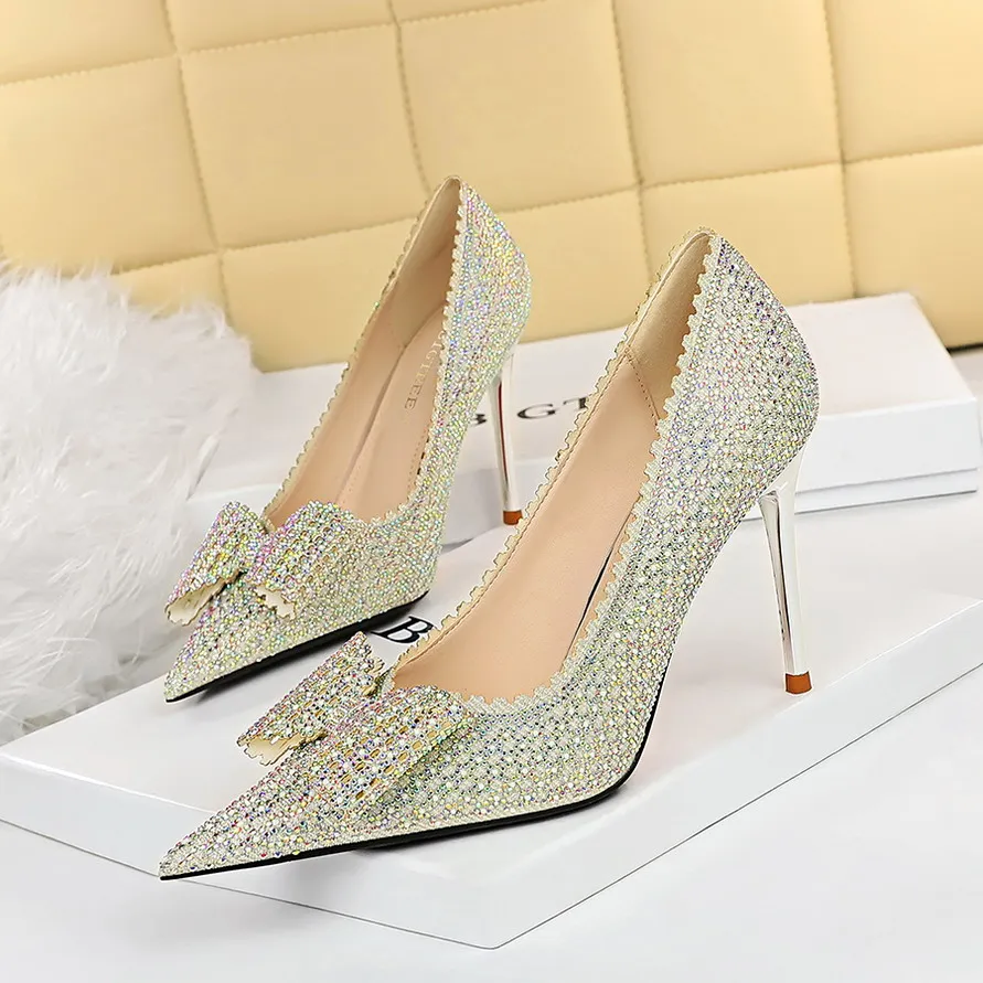 

2023 Women 9.5cm High Heels Sequins Pumps Lady Wedding Bridal Scarpins Crystal Glitter Heels Luxury Office Party Bow Knot Shoes