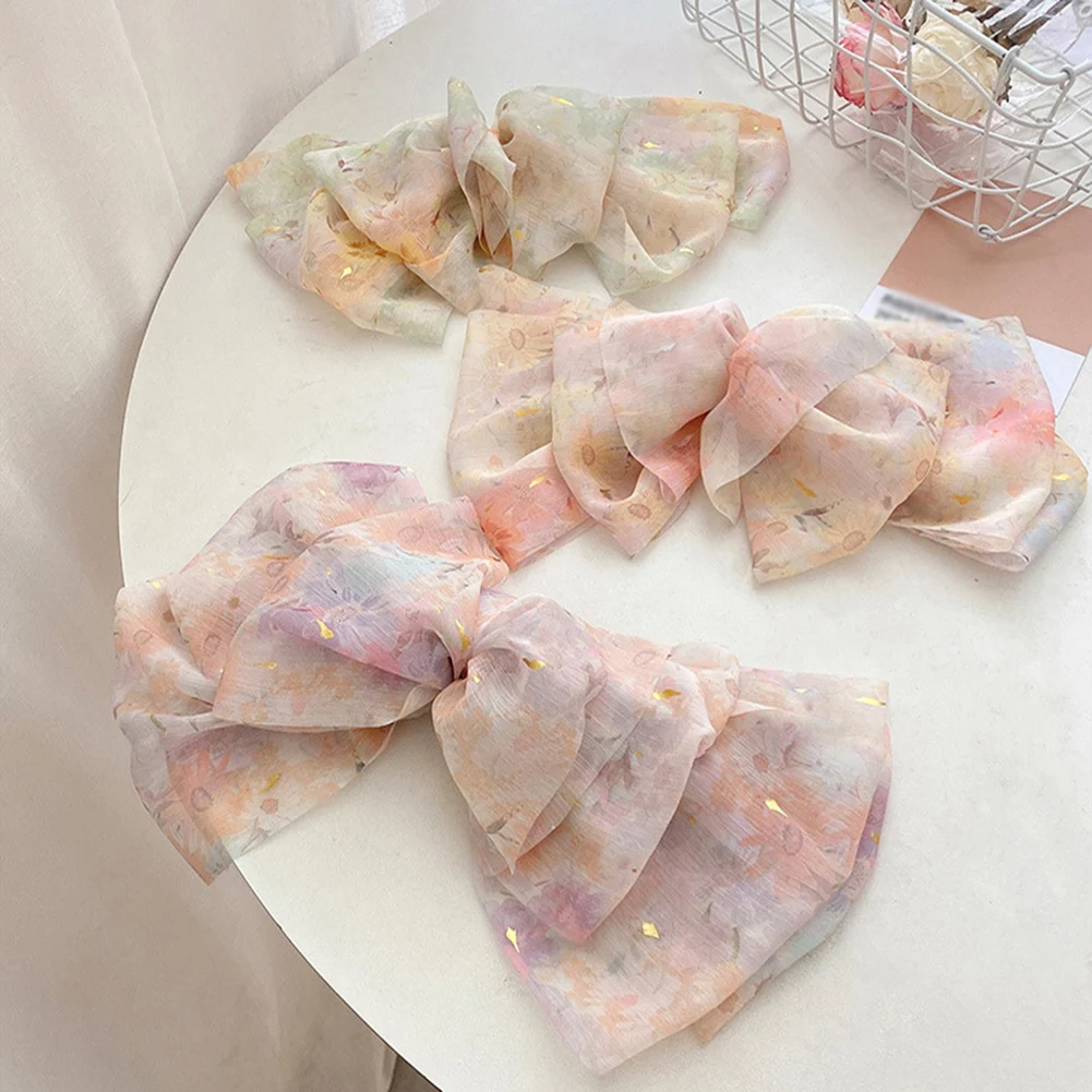 

Print Flowers Big Bow Hair Clips Barrettes Bow Knotted Long Ribbon Chiffon Hairpin For Women Girls Hair Accessories Hairband