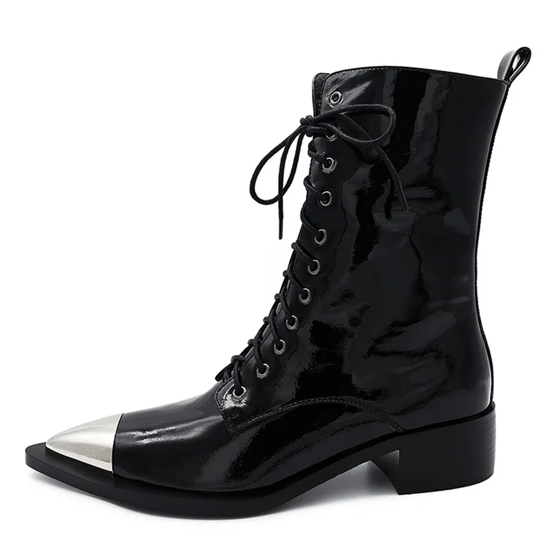 

British Women Metal Toe Lace- up Ankle Boots Med Square Heel Pointed toe Black White Cow Leather Motorcycle Boots femme bottes