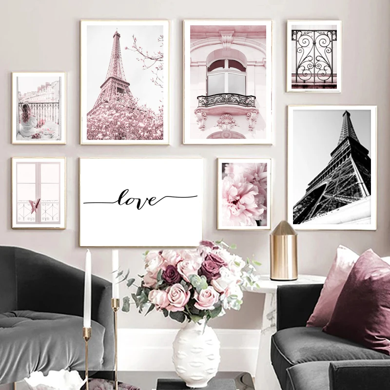 Настенный постер с изображением розового пиона башни Парижа римских окон