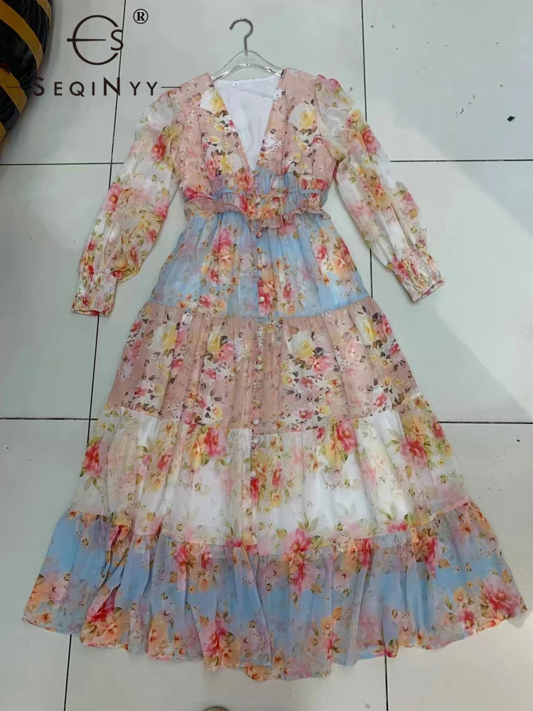 SEQINYY Chiffon Dress Summer Spring New Fashion Design Women Runway High Street Vintage Flowers Print Midi Elegant Casual