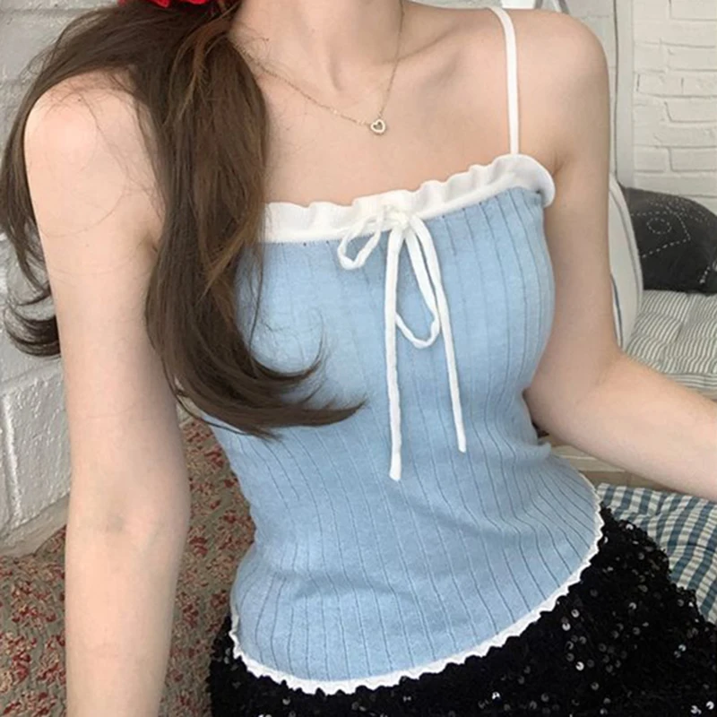 Y2K эстетичные трикотажные майки контрастных цветов на завязках кофта в Корейском