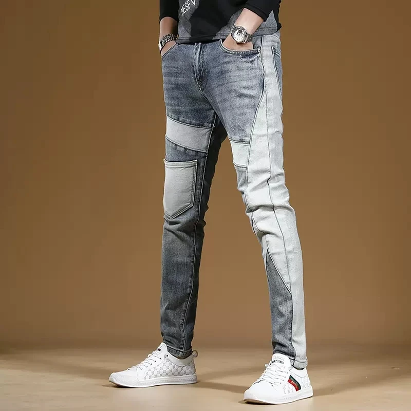 Autumn Men Light Blue Ripped Patchwork Jeans Streetwear Slim Fit Pencil Pants Korean Style Casual Denim Trousers