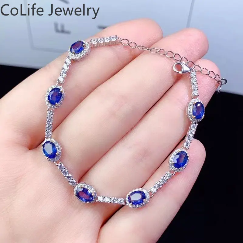 

925 Silver 100% Natural Blue Sapphire Bracelet Total 3.2ct 4*5mm Natural Sapphire Silver Bracelet with 3 Layers 18K Gold Plating