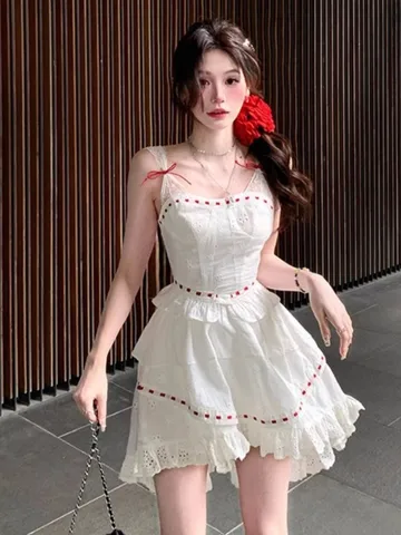Корейское элегантное кружевное мини-платье, Летние Повседневные Вечерние женские платья без рукавов для дня рождения, Модная белая одежда 2024 Mujers