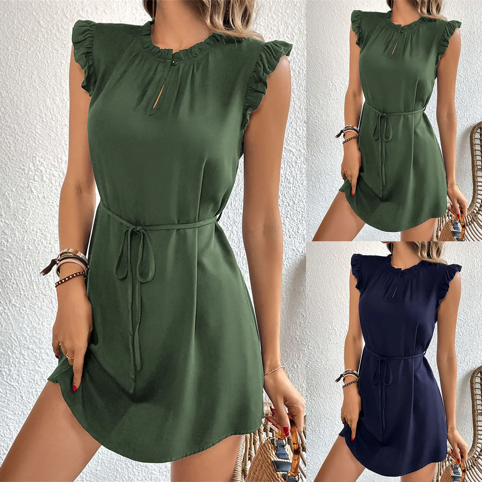 

Women Elegant Bow Ruffles Short Sleeve Pleated Dress Temperament Pure Color Flying Sleeve Round Neck Lace Ups A Line Dress