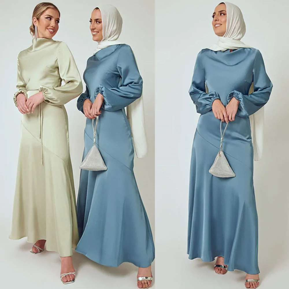 Однотонное атласное длинное платье для мусульманской женщины, исламское арабское женское платье Ближнего Востока, Caftan абайя, Малайзия Jilbab ...