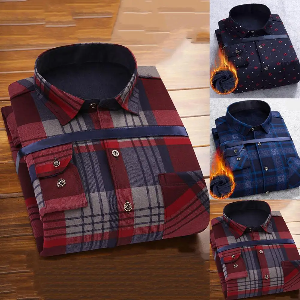 

Winter Warm Men Shirt Long Sleeve Turn-down Collar Plus Size Plaid Design Velvet Thickening Men Blouse Men's Clothing Streetwear