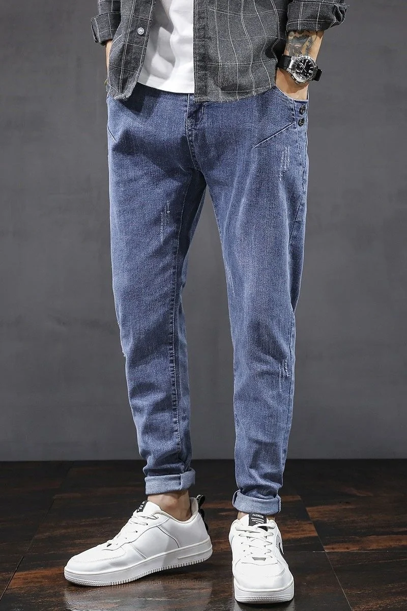 Джинсы мужские узкие джинсовые модные брюки в Корейском стиле для отдыха с