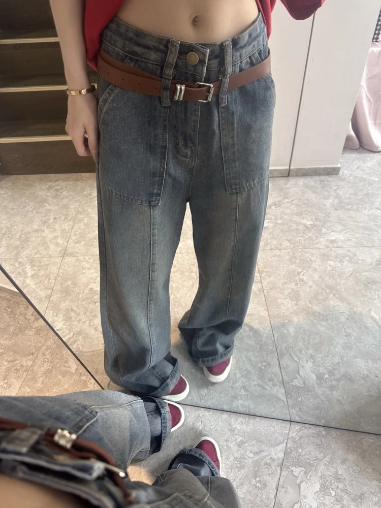 ADAgirl Vintage Blue Wide Leg Jeans Women Y2k Street Casual Pocket Loose Straight High Waist Denim Trousers Harajuku Mujer Pants