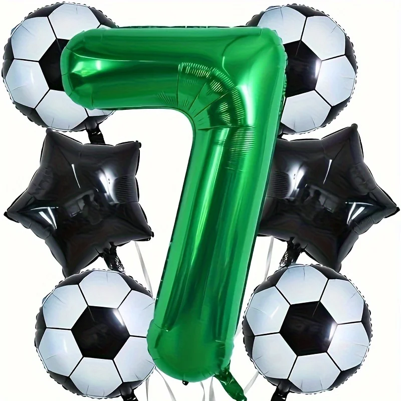 

7 футбольных шаров и черных цифр 1-9 для мальчиков, украшение для дня рождения 1-9, воздушные шары для украшения вечеринки на футбольную тематику