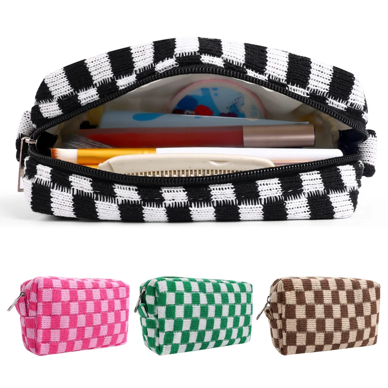 

Retro Checkerboard Makeup Bag Knitted Fabric Women Cosmetic Organizer Zipper Beauty Pouch Wrist Make Up Pouch Toiletry Case