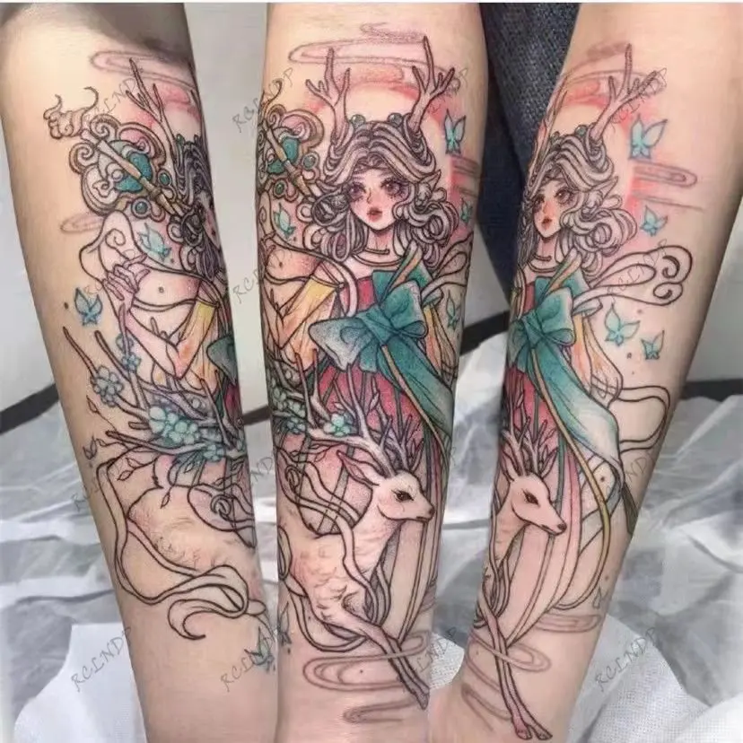 

Водостойкая Временная тату-наклейка с большим зеленым бантом, платье с узелком, аниме мультяшный олень, дух, девушка, искусственная татуиро...