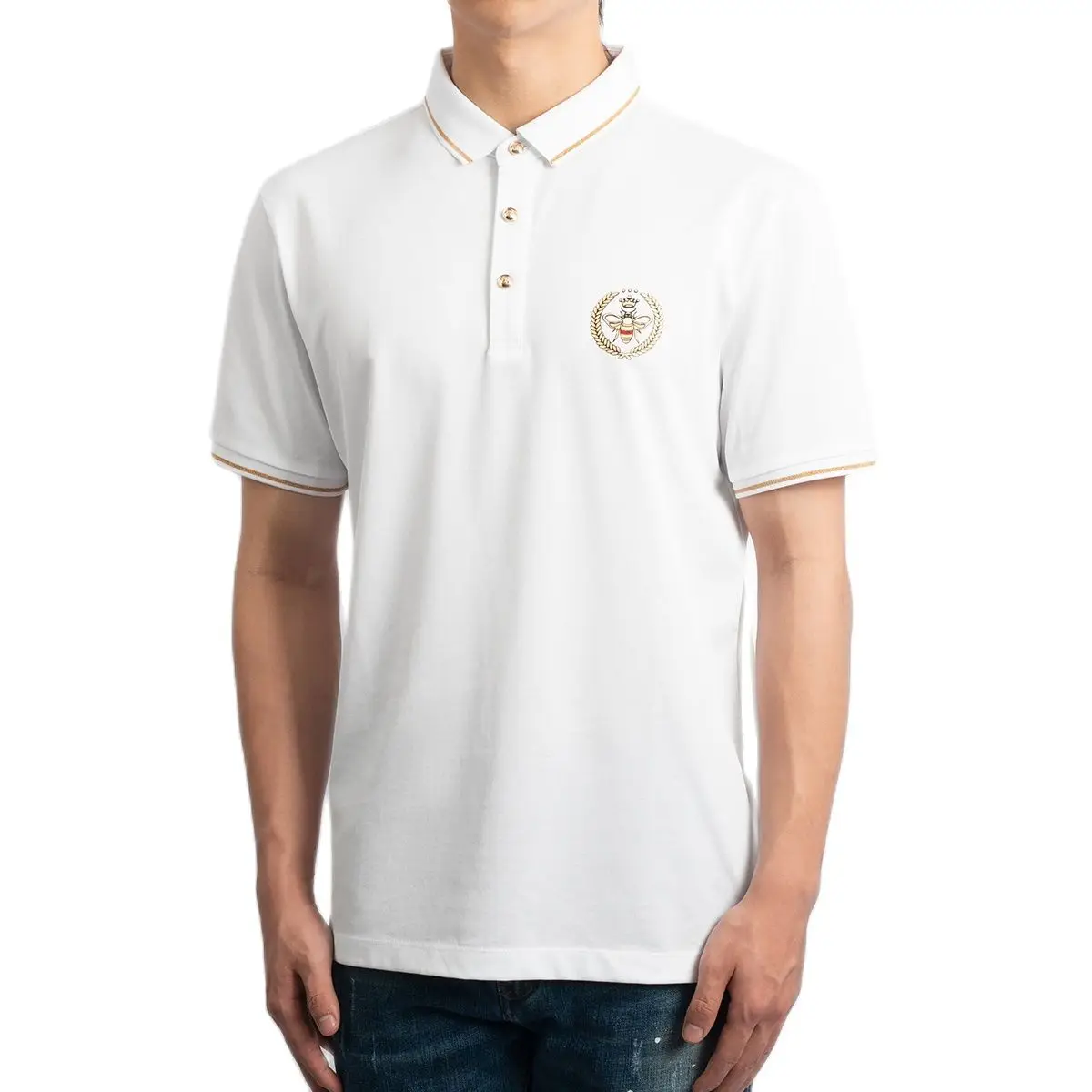 

Футболка-поло мужская с принтом, хлопок, приталенный силуэт, изысканная вышивка, короткий рукав, роскошная Повседневная рубашка с рисунком пчелы, лето