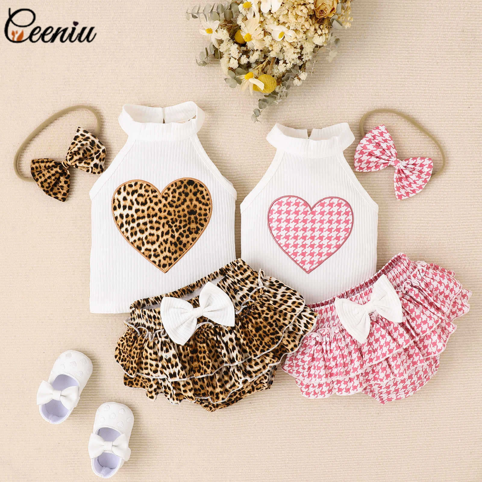 

Ceeniu Summer Outfits For Girls Newborn Baby Heart Leopard Halter Top+Layered Leopard PP Pants 3pcs Sets For Girls Baby Clothes