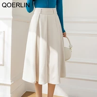 qoerlin korean fashion elegant apricot long skirts women office midi skirts high waist back zipper a line black skirts