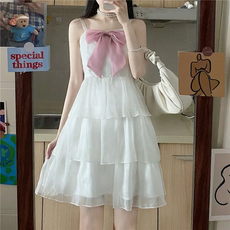 

Deeptown Y2k Fairycore Bow White Princess Dresses Women Sweet Lovely Tulle Ruffles Spaghetti Strap Black Mini Cocktail Dress