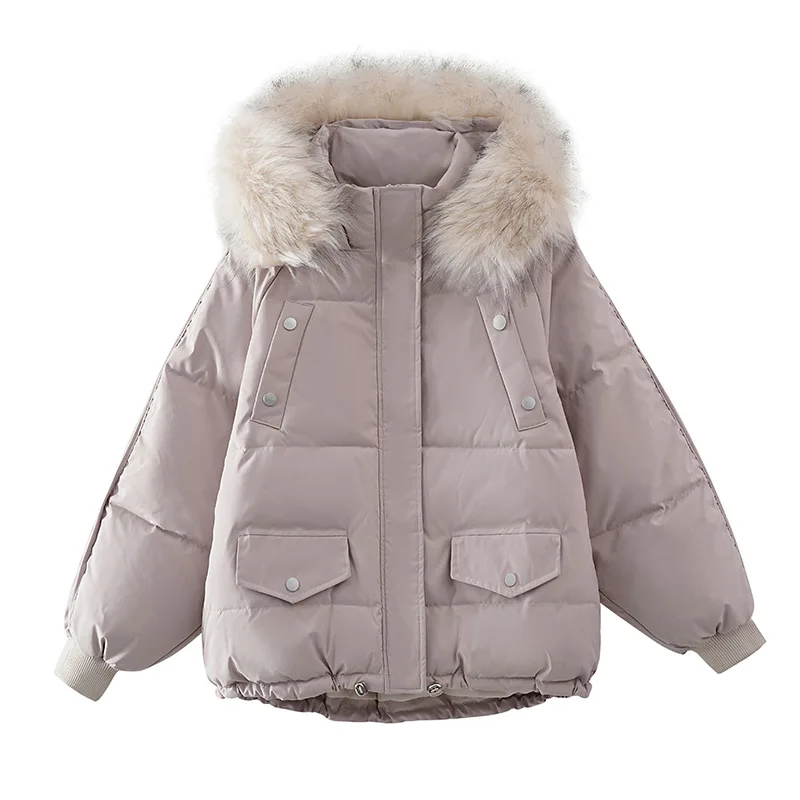 Women Loose Short Big Furry Collar Down Jacket Casual Commute Winter Clothing Solid Colors Overcoats Winter Warm Hooded Parkas