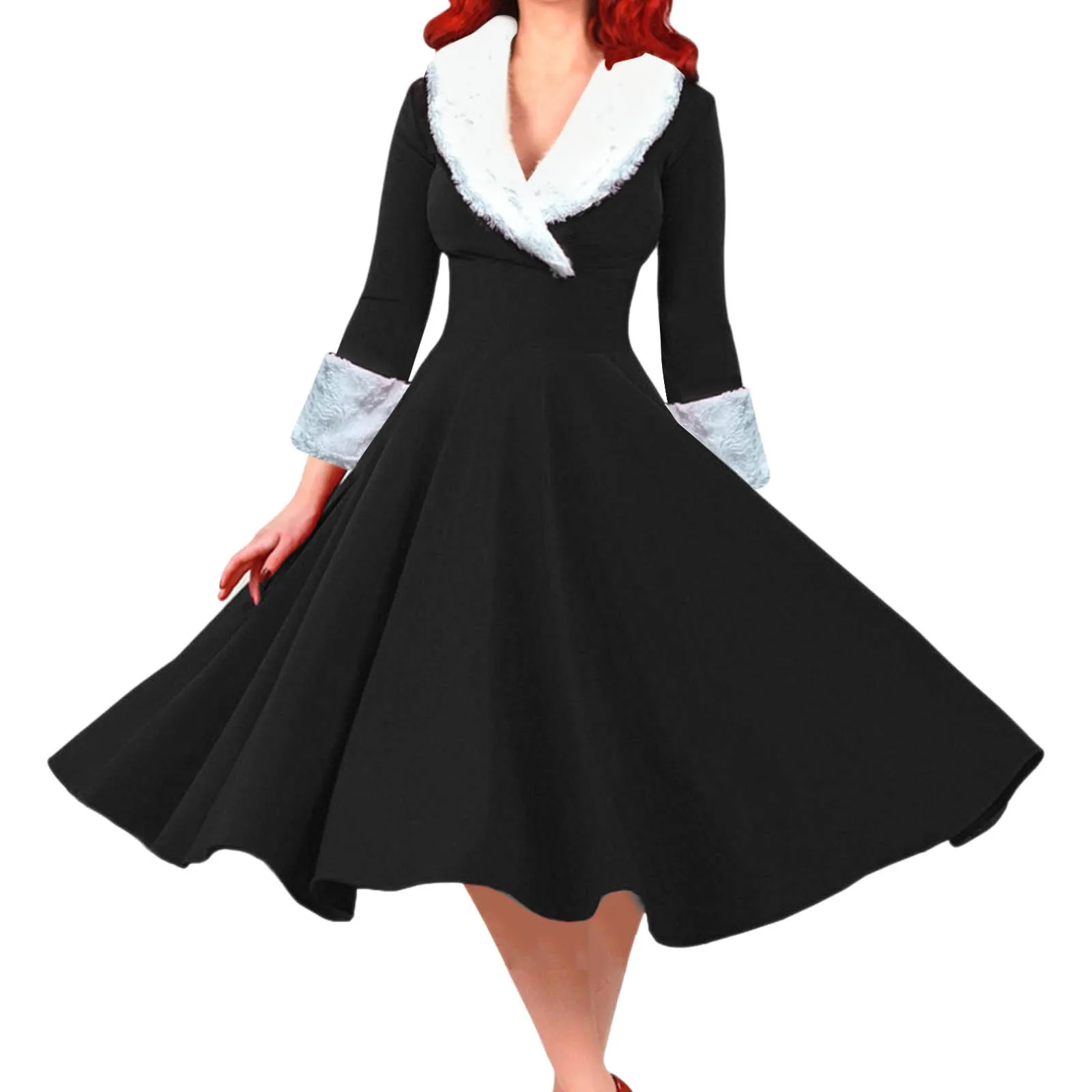 

Женское рождественское модное однотонное платье с длинным рукавом и воротником для волос, сексуальное элегантное платье с низким вырезом, тонкая винтажная трикотажная женская одежда