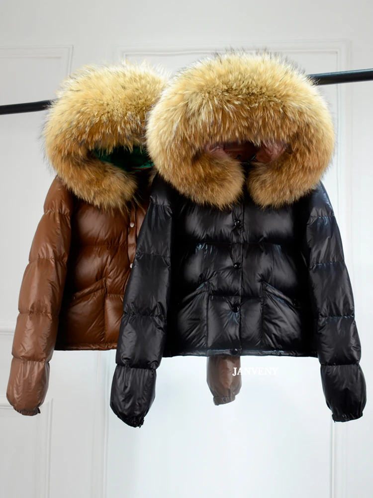 

2022 Luxury Huge Natural Raccoon Fur Hooded Shiny Down Coat Women Winter Button Up Waterproof Puffer Jacket Short Glossy Parka