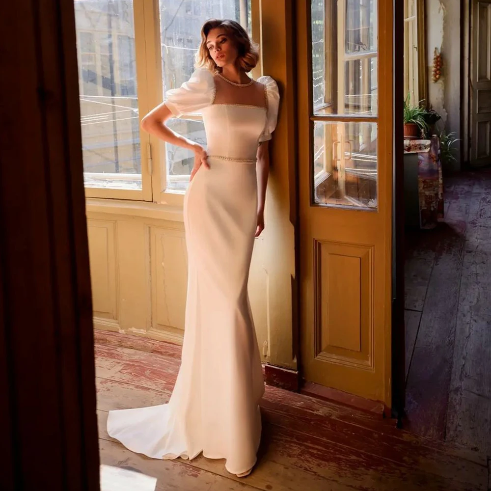 

UZN элегантные атласные свадебные платья русалки с квадратным вырезом короткие пышные рукава искусственный жемчуг бусины Свадебные платья халаты