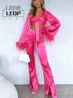 ledp 2 pcs outfts feather trim tie knot long sleeved outfitshigh waist split long pants suits women fashion streetwear
