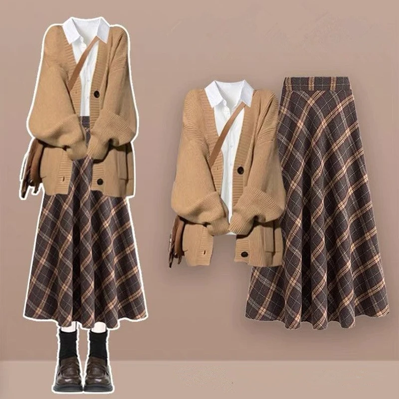 Женский осенне-зимний шикарный свободный свитер кардиган рубашки клетчатые юбки