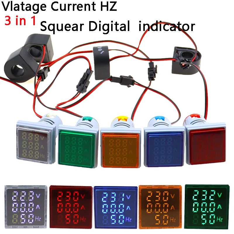 

3 in 1 AC 60~500V Digital Voltmeter Ammeter Hz Hertz Frequency Meter Current Voltage Indicator Tester Amp Signal Light LED 22mm