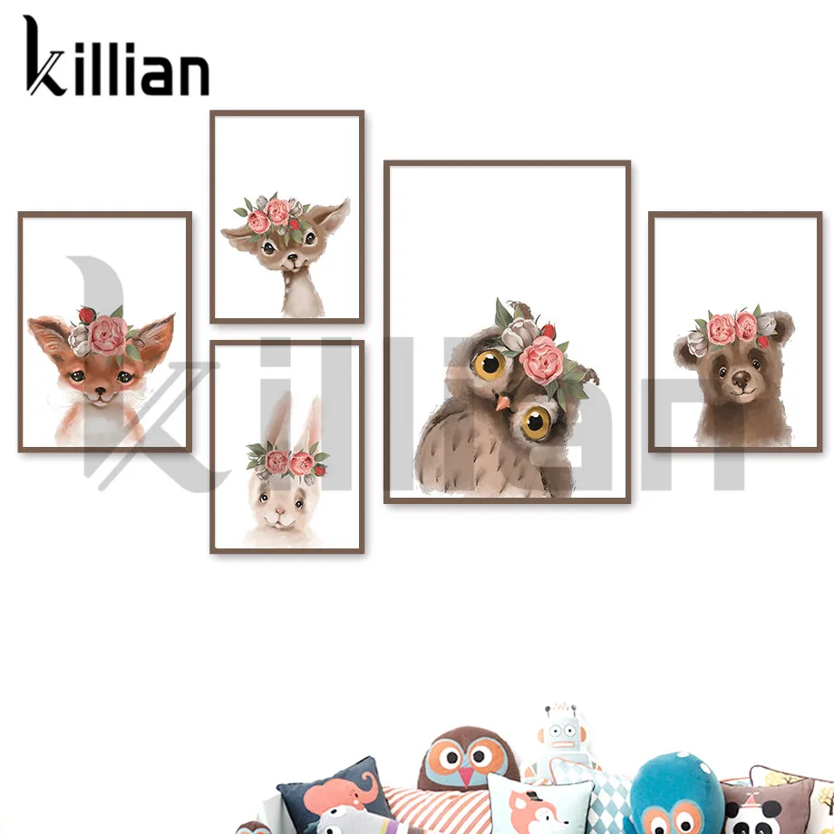 

Cute Flower Animals Nursery Canvas Painting Cartoon Posters Fox Owl Bear Rabbit Squirrel Wall Art Pictures for Kids Room Decor