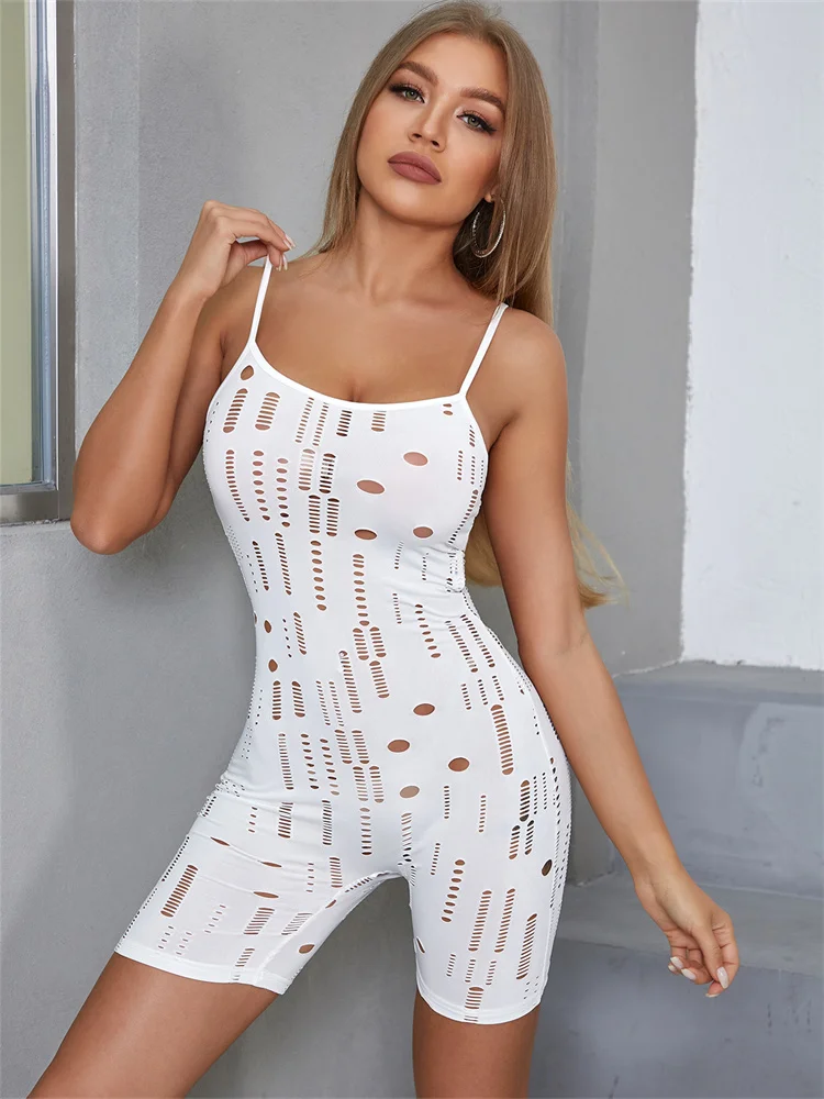 

InGrily Sexy Summer New Playsuits Women Solid Hollow Out Spaghetti Strap Romper Sheath High Waist Stretchy Sleeveless Streetwear