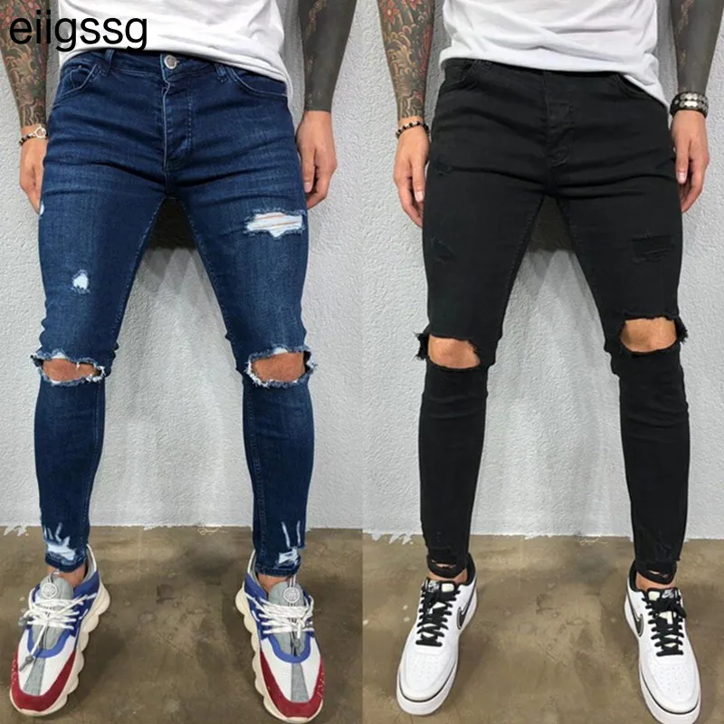 

Джинсы мужские рваные до колена, Стрейчевые облегающие брюки из денима, однотонные черные синие, в стиле хип-хоп, модель Лето-Осень