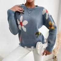 new womens crew neck knit pullover blue flower jacquard sweater