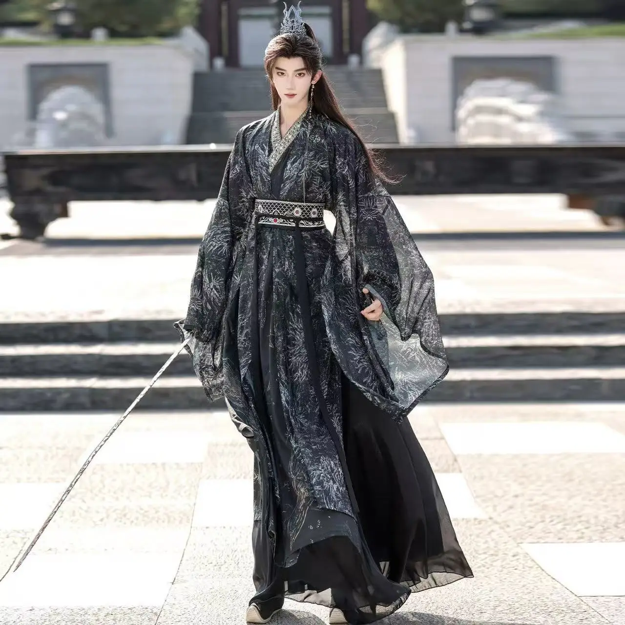 Темно-черный король Hanfu, мужская одежда в традиционном китайском стиле, древний крестовый воротник, халат с большими рукавами, костюмы для косплея из комиксов (art.: 3920d2e6e7dc2) - 3920d2e6e7dc2