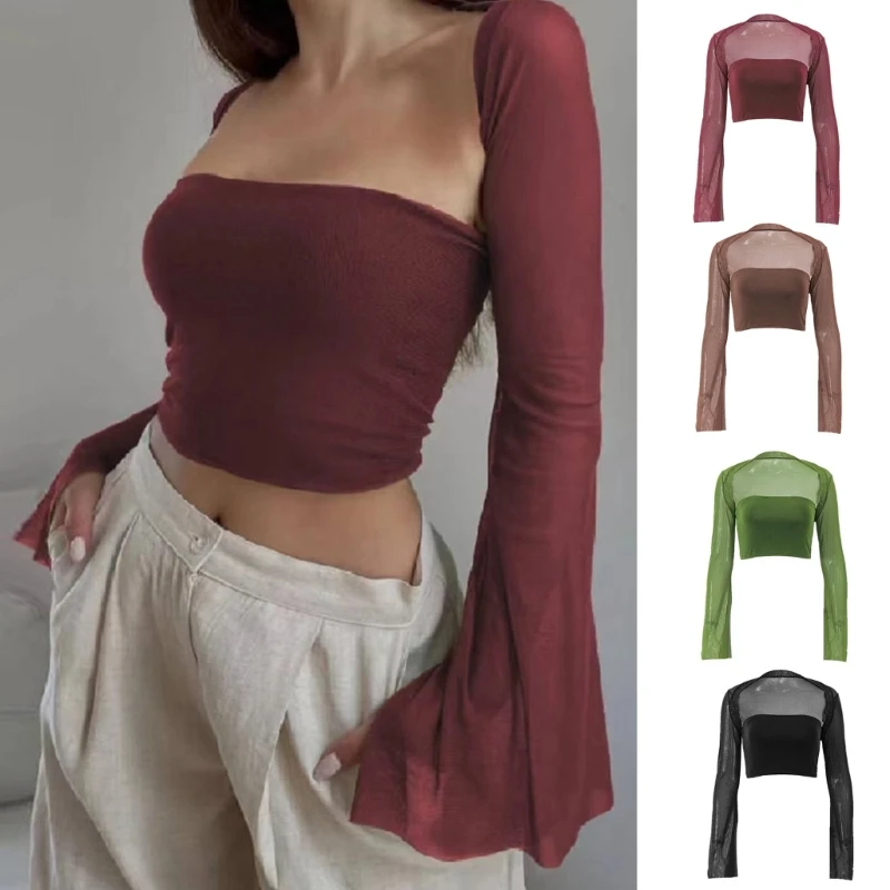 

Сексуальная женская футболка See Through Mesh Tops Flare Long Sleeve Camisole Y2K Shirt