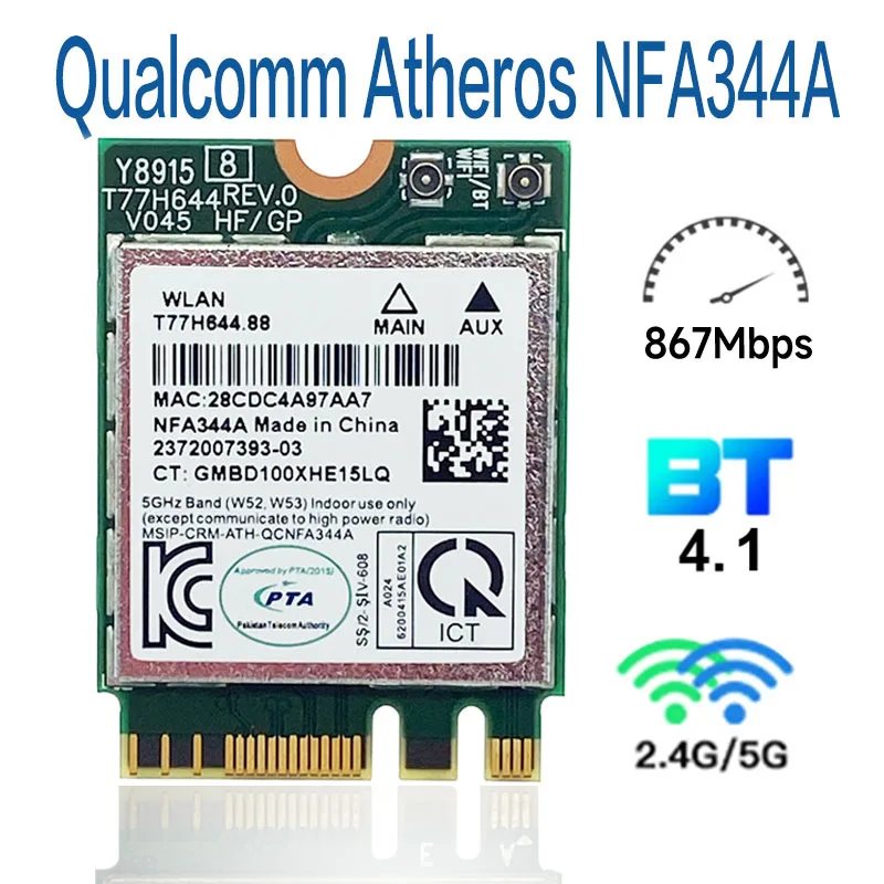 

Qualcomm Atheros Wireless AC Wi-Fi adapter QCNFA344A NFA344A 802.11ac 867M wifi Dual Band + BT4.1 bluetooth 4.1 NGFF Card