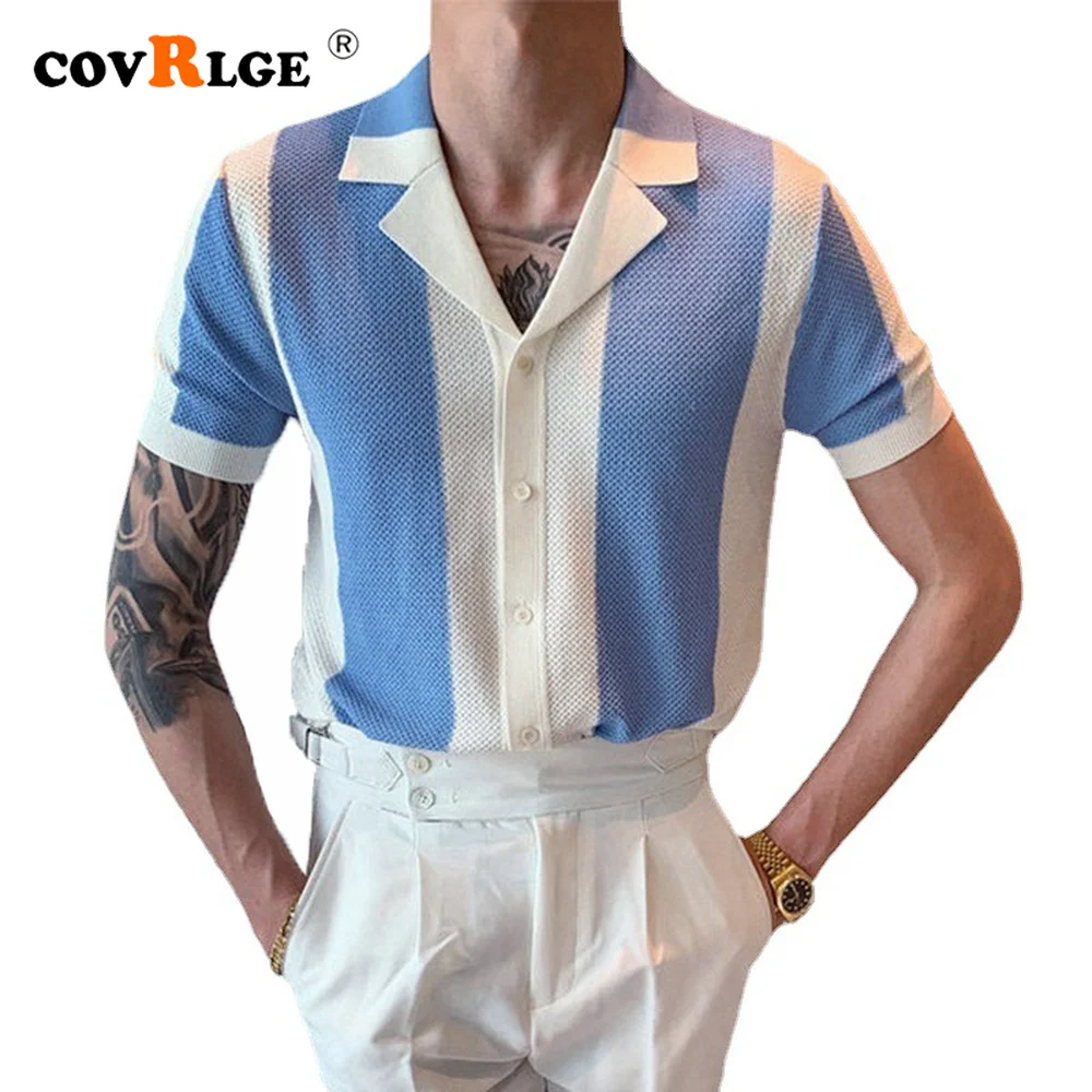 

Covrlge Men's Summer Temperament Shirt Lapel Collar Knitted Stitching Slim Patchwork Color Business Polo Shirt for Men MZS006