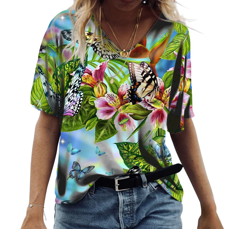 

3D Printed Floral Butterfly T Shirts Women Short Sleeve Loose Oversize Summer T Shirt Casual V-Neck Female Tops Fashion Clothing